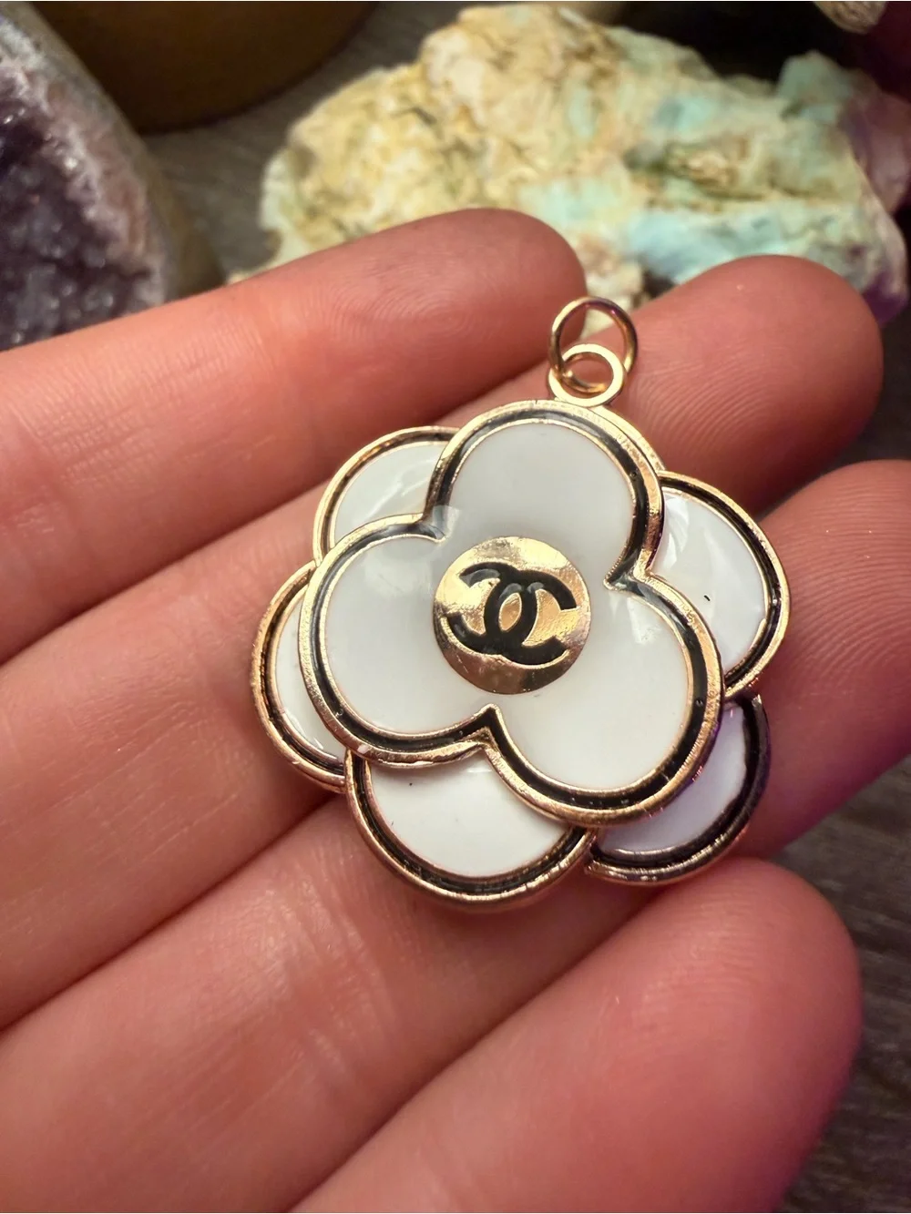 CHANEL Authentic White Enamel Camellia Flower Pendant with Gold Trim